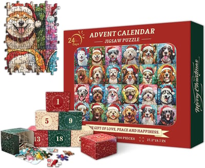 Adventskalender-Adventskalender 2025-24 Dagen Aftellen Naar Kerstmis Kalender-2025 Puzzels voor Volwassenen 1000 Stukjes-Hond Mozaïek Glas-in-lood Puzzel Aftelkalender, Kleurrijke Dieren Kerst Legpuzzels als Woondecoratie