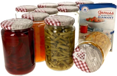Set van 12 ronde potten 720 ml Naar 82 houten hart rood deksel incl. Diamant Gelierzauber receptenboekje