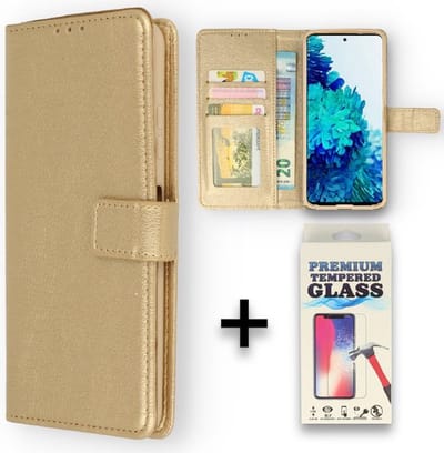 Casemania Hoesje Geschikt voor Samsung Galaxy A04S & M13 Goud & Glazen Screenprotector - Portemonnee Book Case - Kaarthouder & Magneetlipje