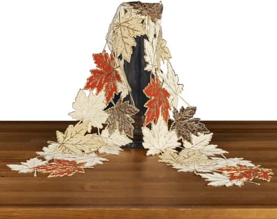 Tafelloper - Herfst - bladeren - Ecru - Bruin - rood - brons - bladeren - gouddraad applicatie - 150 x 20 cm