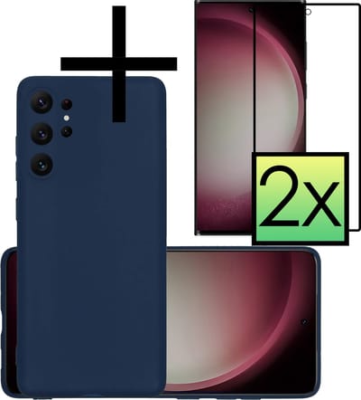 Hoesje - Met 2x Screenprotector - Geschikt voor Samsung Galaxy S23 Ultra - Sterk & Shockproof - Back Cover - Siliconen Case - Telefoon Hoes - Donkerblauw