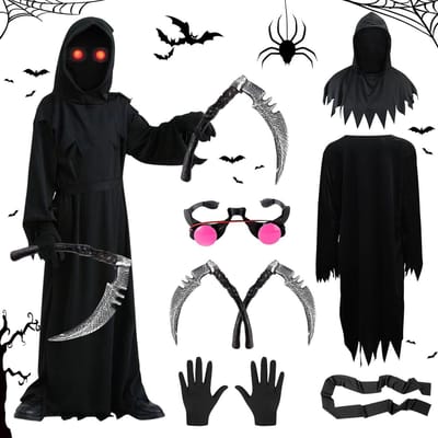 Griezelige Grim Reaper Kostuum voor Kinderen met Verlichte Rode Ogen en Zwarte Cape voor Halloween Cosplay Leeftijd 6 Jaar en ouder