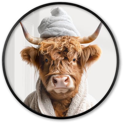 Poster in lijst Rond - Fotolijst 60x60 cm - Posters - Schotse hooglander - Badjas - Koe - Dieren - Ronde posterlijst zwart - Decoratie - Wanddecoratie woonkamer - Muurdecoratie slaapkamer