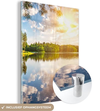 MuchoWow® Glasschilderij 30x40 cm - Schilderij acrylglas - Bomen - Water - Zon - Foto op glas - Schilderijen