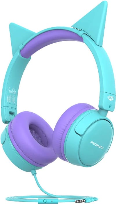 ProMate® Bekabelde Kinderhoofdtelefoon, Premium Afneembare Kattenoor Kinderheadset met Microfoon, 85dB tot 95dB Geluidsregeling, AUX Deelpoort en Zachte Oorkussens, voor Smartphones, Laptops, Mp3-speler, Jewel Aqua