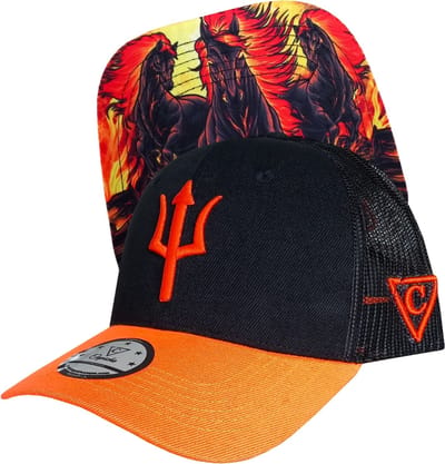 Capiche® Trucker Pet Heren – Aethon Brandende Paarden – Zwart & Oranje – Verstelbaar met Druksluiting – Sportcap – Trucker Cap – Capiche Caps