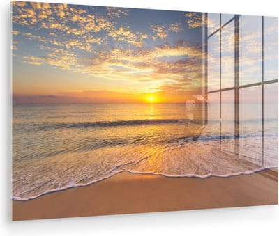 MuchoWow® Glasschilderij 120x80 cm - Schilderij acrylglas - Strand - Kleuren - Zon - Foto op glas - Muurdecoratie woonkamer - Wanddecoratie slaapkamer - Schilderijen
