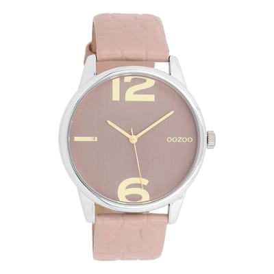 OOZOO Timepieces - Zilverkleurige horloge met zacht roze leren band - C10376