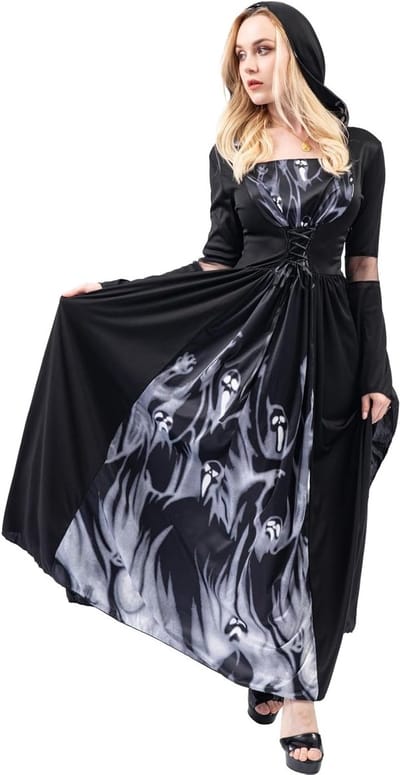 Halloween Kostuum voor Dames met Kap - Retro Ball Dress, Vampier Outfit voor Feestjes en Carnaval, Speelse Kleding met Kanten Details