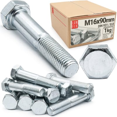 LUN FIX - Zeskantschroeven M16 x 90 - 1 kg (ca. 6 stuks) - DIN 931 Volledige schroefdraad - verzinkt staal