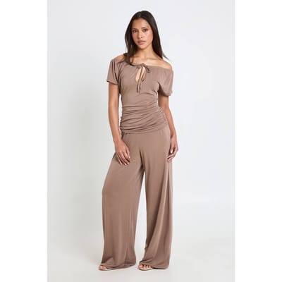 boohoo Dames Modal Strik Sleutelhals Top Wijde Pijpen Broek Co-ord Set | Mokka | Maat: 34