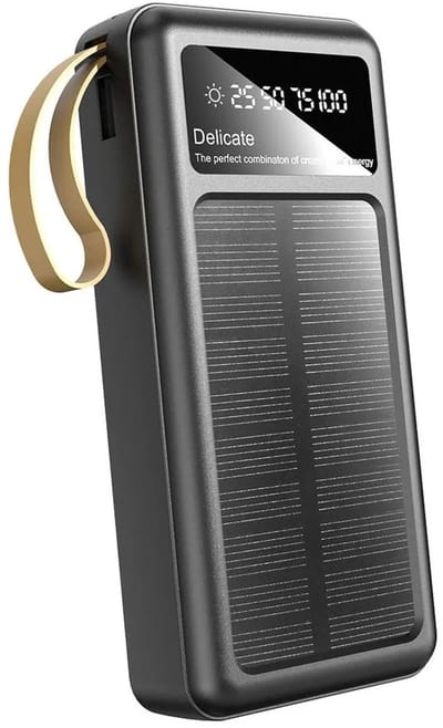 Solar Powerbank 20000 mAh 4-in-1 (Lightning, USB Type-C, USB, Micro USB), LED-scherm, Zwart