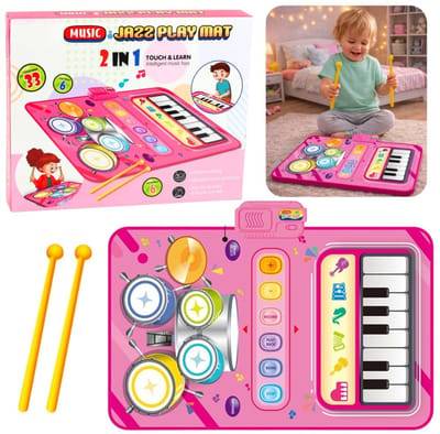 Playos® - 2 in 1 Muziekmat - Roze - Piano en Drumstel - met Opnemen en Afspelen - Antislip - Muzikaal Speelgoed - Peuters en Kleuters
