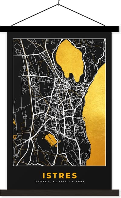 Posterhanger incl. Poster 40x60 cm - Schoolplaat - Frankrijk - Plattegrond - Istres - Stadskaart - Kaart - Textielposter - Zwarte latten - Stadskaart