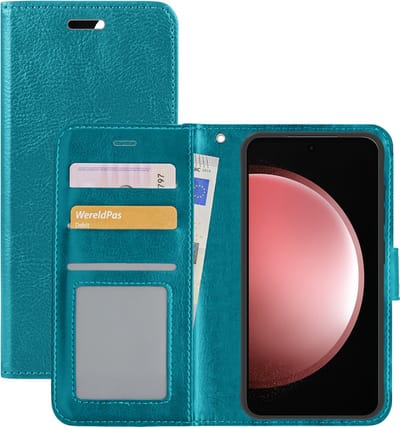 Hoesje - Met Pasjeshouder - Geschikt voor Samsung Galaxy S23 FE - Luxe Bookcase Portemonee - Flip Case - Kunstleer Book Case - Flipcase - Book Cover - Walletcase - Portemonneehoes - Turquoise