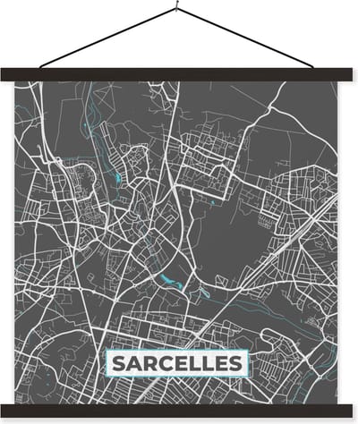 Posterhanger incl. Poster 60x60 cm - Schoolplaat - Sarcelles - Frankrijk - Kaart - Stadskaart - Plattegrond - Textielposter - Zwarte latten - Stadskaart