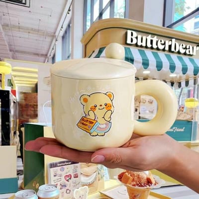 Mug en Céramique Ours Beurre Mignon avec Couvercle Cuillère pour Filles Bureau Petit Déjeuner Tasse à Boire Café Cadeau Pratique 301-400ml white