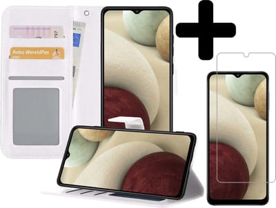 Hoesje - Met Screenprotector - Geschikt voor Samsung Galaxy A12 - Luxe Pasjeshouder - Bookcase Portemonee - Flip Case - Kunstleer Book Case - Flipcase - Book Cover - Walletcase - Portemonneehoes - Telefoonhoesjes - Wit