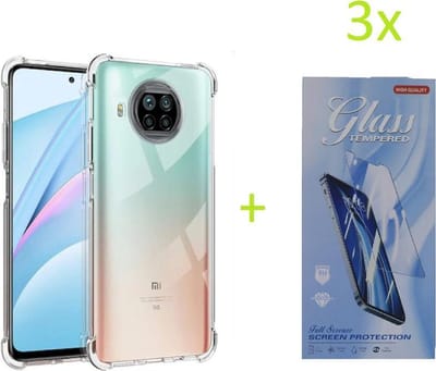 Hoesje Geschikt voor: Xiaomi Redmi Note 9T - Anti Shock Silicone Bumper - Transparant + 3X Tempered Glass Screenprotector