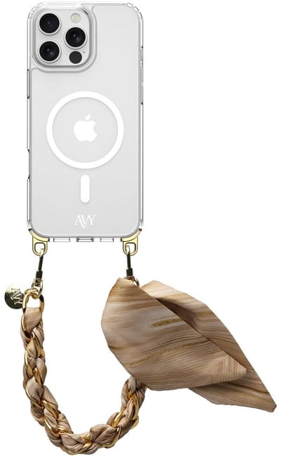 AVY Hoesje geschikt voor Apple iPhone 16 Pro Max | Compatibel met MagSafe | Clear Case met Telefoonkoord 32CM | Polsband Aurum Gold