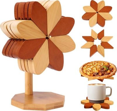 Thijox - Set van 5 Bamboe Pannenonderzetters Windmolenvorm - Hittebestendig, Antislip, Opvouwbaar, Inclusief Standaard - Ideaal voor Keuken, Feest en