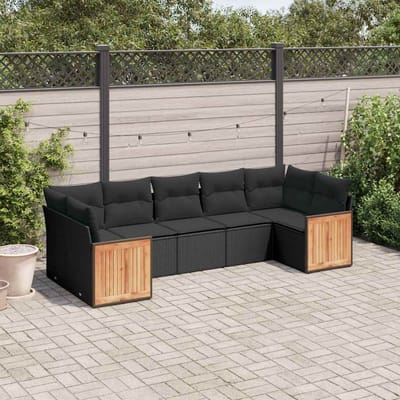 vidaXL - 7-delige - Loungeset - met - kussens - poly - rattan - zwart