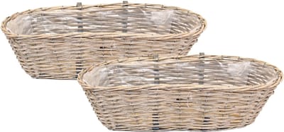Vd Leeden Balkonmand - 2x - ovaal - rotan gevlochten - 46 x 22 x 17 cm - bloemen/planten mand - schuttingmand - hangmand - plantenpot - bloempot