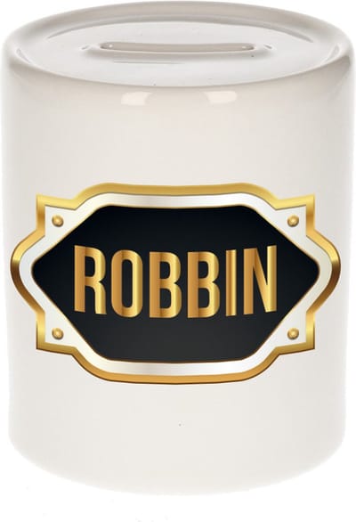 Spaarpot met voornaam Robbin - wit - met goud/zwart embleem - 8 x 9 cm - keramiek - met afsluitdop - cadeau verjaardag