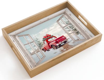 Dienblad hout 40x30 cm - Schootdienblad - Auto - Rood - Cadeaus - Winter - Kerst - Doorkijk - Wit - Borrelplank rechthoek - Plateau dienbladen