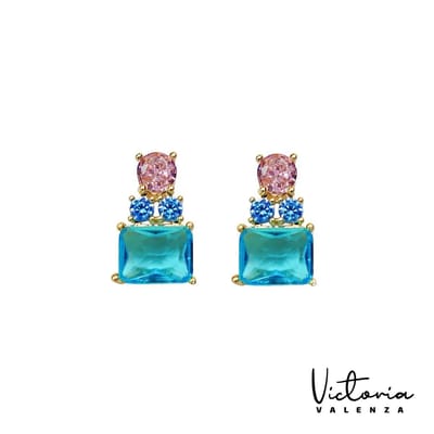 Victoria Valenza Cologne Luxe Oorbellen Dames Messing Oorhangers Dames Oorringen Blauwe Steen Oorbellen - Goud kleurig - 1 Paar