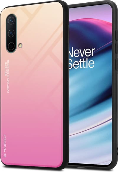 Cadorabo Hoesje geschikt voor OnePlus Nord CE 5G in GEEL - ROZE - Tweekleurige beschermhoes van TPU-silicone Case Cover en achterzijde van gehard glas