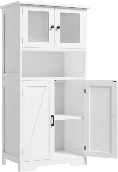 Badkamerkast met Glazen Deuren - 60x30x128cm - Vrijstaand Opbergkast met Verstelbare Planken en Lade - Buffetkast voor Woonkamer Eetkamer of Badkamer Organisatie - Wit