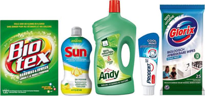 Camping pakket - Biotex Waspoeder, Sun Handafwas, Andy Allesreiniger, Prodent Tandpasta en Glorix Schoonmaakdoekjes  - Voordeelverpakking