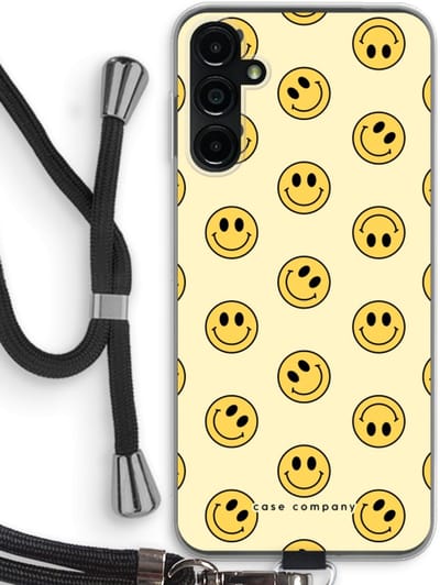 Case Company® - Hoesje met koord geschikt voor Samsung Galaxy A14 hoesje met Koord - Smiley N°2 - Telefoonhoesje met Zwart Koord - Bescherming aan alle Kanten en Over de Schermrand
