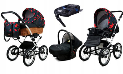BabyLux® Kinderwagen 4in1 - CLASSIC EXCLUSIVE - RED BOW SILVER FRAME - Opklapbare Wandelwagen incl. Reiswieg, Multifunctionele Buggy Sportstoel, Autostoel, ISOFIX basisstation - Combi-kinderwagen met Luiertas, Regenhoes, Klamboe