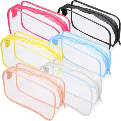 Set van 6 Transparante Toilettassen van PVC - Waterdichte Cosmetica Tassen voor Vliegtuig, Lekvrije Reistassen voor Make-up en Toilettasjes voor Vakantie en Gezinsreizen