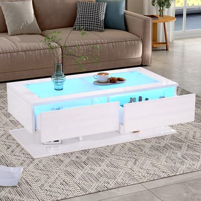 Pugsdrly Salontafel 100*50*35 cm, glanzende salontafel, salontafel met lades, salontafel met LED-verlichting, glazen blad, wit