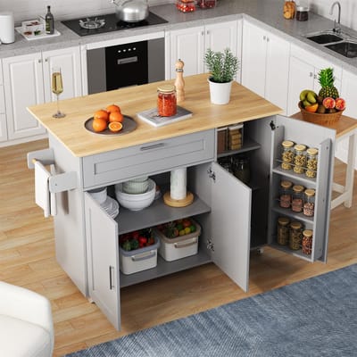 DESMIU Keukenwagen - Opklapbaar Werkblad En Royale Opbergruimte - Voor Keuken, Eetkamer En Woning - MDF - Grijs - 132,5 X 44 X 90 Cm