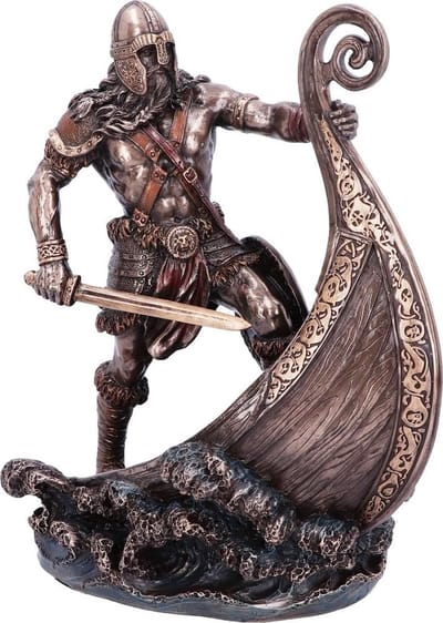 Veronese Design - Viking Staand op de Boeg van Vikingsloep - Gebronsd Beeld - Zeer gedetailleerd en Mooi - 24cm
