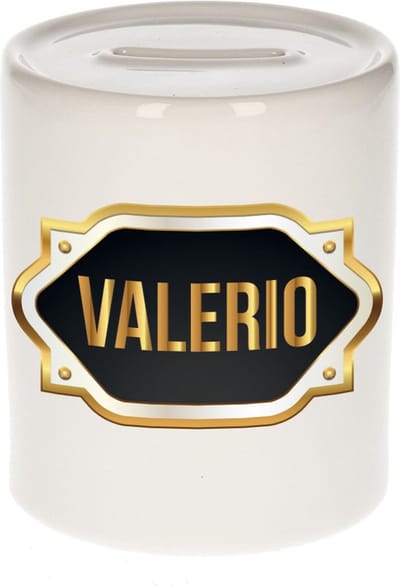 Spaarpot met voornaam Valerio - wit - met goud/zwart embleem - 8 x 9 cm - keramiek - met afsluitdop - cadeau verjaardag