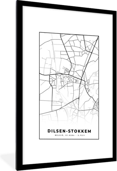 Fotolijst incl. Poster Zwart Wit- Plattegrond – Dilsen Stokkem – Zwart Wit – Stadskaart - Kaart - België - 60x90 cm - Posterlijst
