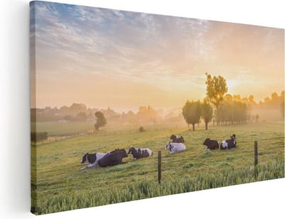 Artaza Canvas Schilderij Koeien - 40x20 cm - Klein - Wanddecoratie Landschap - Muurdecoratie Zonsondergang - Schilderijen Op Canvas Natuur