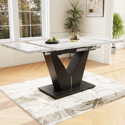 DESMIU Uitschuifbare Eettafel - Brede Werktafel Met Marmerlook En V Vormige Poten - Voor Eetkamer, Thuiswerk En Woonkamer - MDF En Metaal - Wit Zwart - 99 tot 159 x 75 x 75 cm