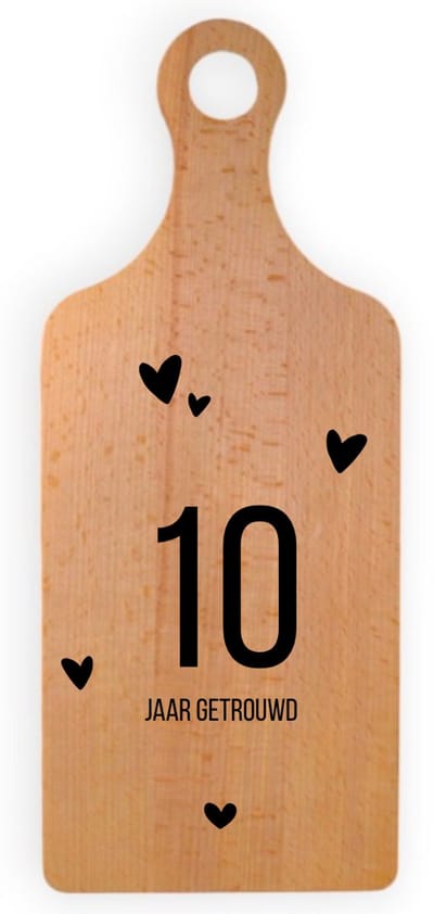 10 JAAR GETROUWD - Jubileum Borrelplank met Handvat 34 x 14 cm - Cadeau - Kado Tip - Beukenhout - Serveerplank - Hapjesplank - Kaasplank - Cadeau tip!