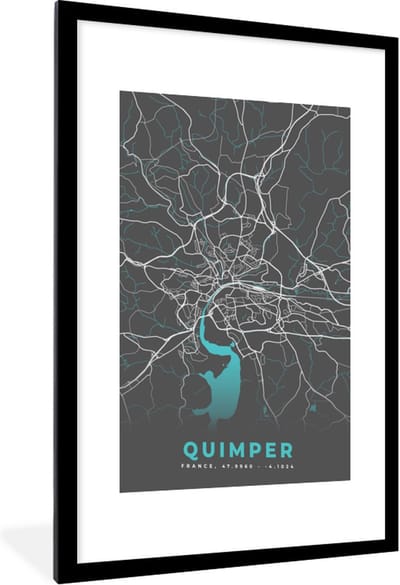 Fotolijst incl. Poster - Quimper - Frankrijk - Plattegrond - Kaart - Stadskaart - 60x90 cm - Posterlijst