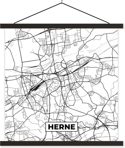 Posterhanger incl. Poster 60x60 cm - Schoolplaat - Plattegrond - Herne - Kaart - Stadskaart - Textielposter - Zwarte latten - Stadskaart