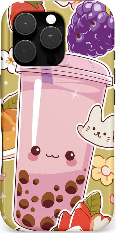 Casetastic hoesje geschikt voor Apple iPhone 16 Pro - MagSafe - Dubbellaagse bescherming - Roze Rode Kawaii Bubbletea Korea - Fashion Case - Goud Beige Lichtroze Perzik