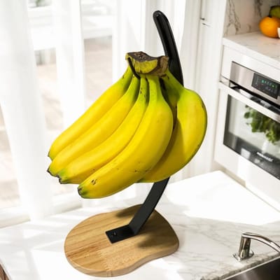Bananenhouder Standaard - Fruit Hanger - Keuken Aanrecht - Houten Basis Metaal - 15x11x32cm - Zwart