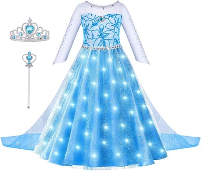 LED-verlichte prinsessenjurk voor meisjes met toverstaf en kroon, ideaal voor Halloween, verjaardagen en feestjes