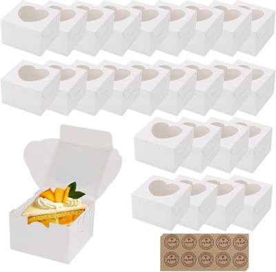 50 Stuks Kleine Cake Dozen 10 cm Wit met Hartvenster en Stickers, Perfect voor Cupcakes, Taarten en Snoepjes